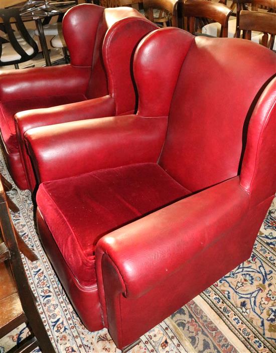 Pair red leather club wing armchairs(-)